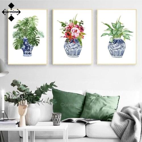Chinoiserie Wall Art Picture Ancient China Ming Dynasty Vase Canvas Paintings Blue White Porcelain Poster and Print Floral Decor