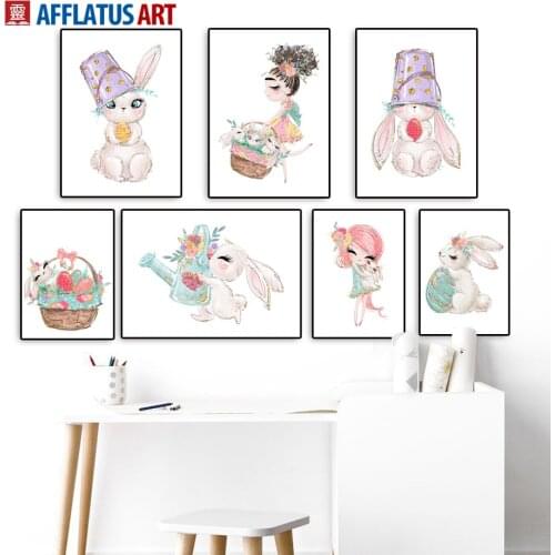 Cute Girl Rabbit Rose Flower Animals Nordic Posters And Prints Wall Art Canvas Painting Nursery Wall Pictures Kids Room Decor