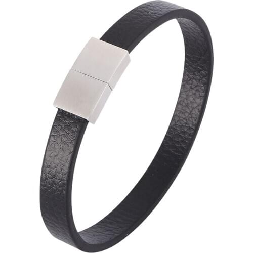 Fashion Jewelry Black Brown Leather Bracelet Male S.Steel Magnetic Clasp Simple Leather Bangles Bracelets New PD0396