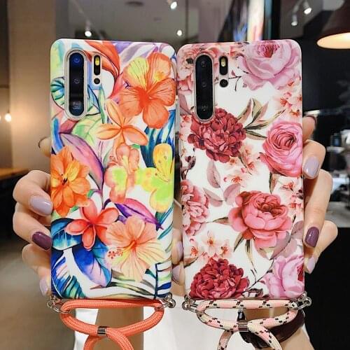 Fashion Flower Soft Case for Huawei P30 P20 Mate 20 Pro Nova 5 Pro 5i Necklace Cord Chain Lanyard Hanging Rope Crossbody Cover