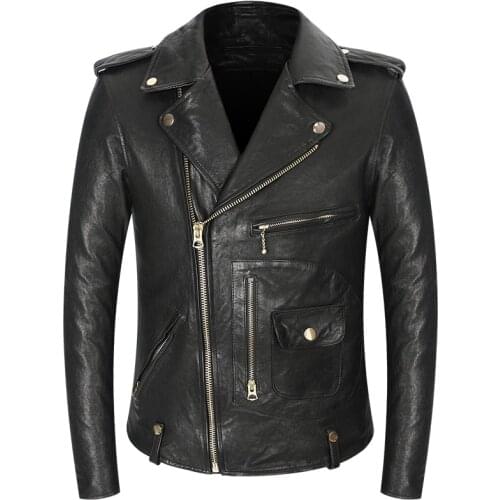 Mens Leather Jackets And Coats 100% Sheepskin Motorcycle Jacket Zipper Vintage Rock Biker Style Genuine Leather Coat