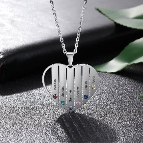 Personalized Heart Pendant Family Necklace With Birthstones Engraved Custom 4-6 Names Necklaces For Mom Grandma