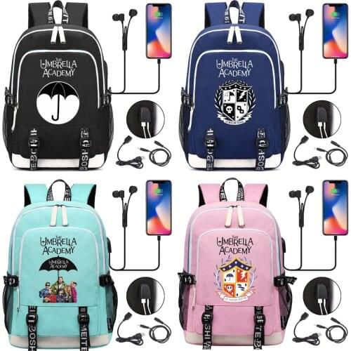Umbrella Academy USB Charging Laptop Backpack Women Men Casual Canvas Male School Bags Computer Notebook Mochilas