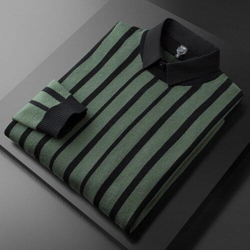Autumn and winter thick dark green vertical stripe fake two piece sweater mens slim fitting pullover shirt collar t-shirt
