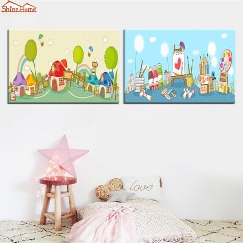 ShineHome-2pcs Canvas Modular Painting Colourful Bright Pencil Cartoon House Park City Printing Wall Picture Kids Room Art Deco