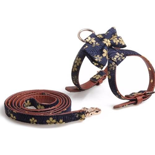 Canvas and PU Leather Dog Cat Harness Set Fashion Floral Bow Adjustable Vest and Walking Lead Leash for Small Dogs Chihuahua