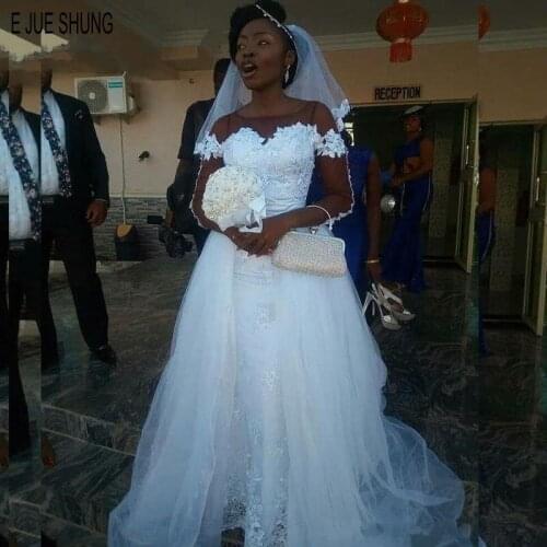 E JUE SHUNG African Sheath Wedding Dresses Lace Appliques Illusion Long Sleeves Wedding Gowns Detachable Train vestido de noiva
