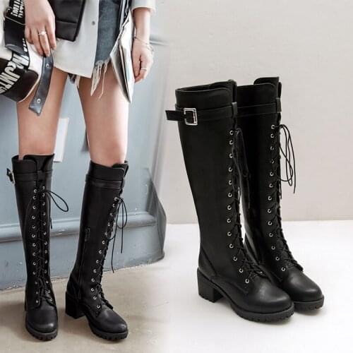 2021 Hot Sale Spring Autumn Lacing Knee High Boots Women Fashion Square Heel Belt Buckle Woman Leather Shoes Winter size 34-44