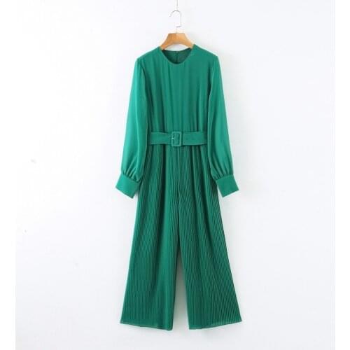 Womens Fashion New Round Neck Solid Color Drape with Belt Pleated Wide-leg Jumpsuit Rompers Spring Autumn