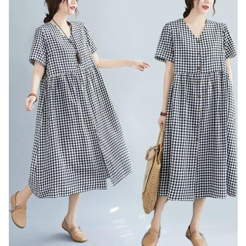 Korean Plaid Buttons Vestidos V-neck Dress 2021 Summer Women Boho Vacation High Waist Casual Loose Dresses Streetwear