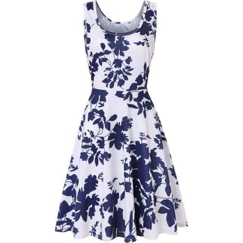 Women Leaves Print Sleeveless A-line knee-length Dresses New Summer O Neck Female Tank Dress