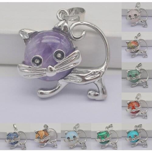 Tigereye Sandstone Crystal Sodalite Howlite Green Malachite Stone GEM Pendant Lovely Cat Animal Jewelry For Woman Gift 1PCS