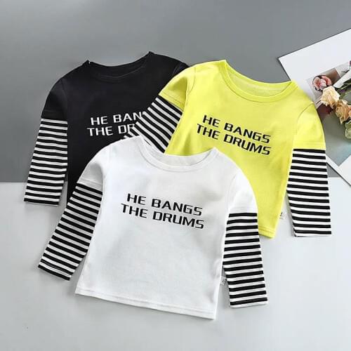 Baby Kids Letter Print Striped Splice Long Sleeve Tops Children Autumn Solid Cotton Sweatshirt 1-4 Years Boy Girl T Shirts