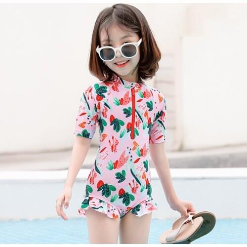 Cute Quick-Dry Girls' One Piece Swimsuit for Kids Children Front Zip Swimwear Print Beach Bathing Swimming Suit Short Boby