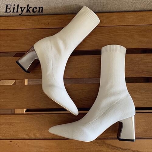 Eilyken knitting Stretch Women Boots High Heels Ankle Boots Stripper Low Heels Warm Autumn Winter Chunky Boots Shoes