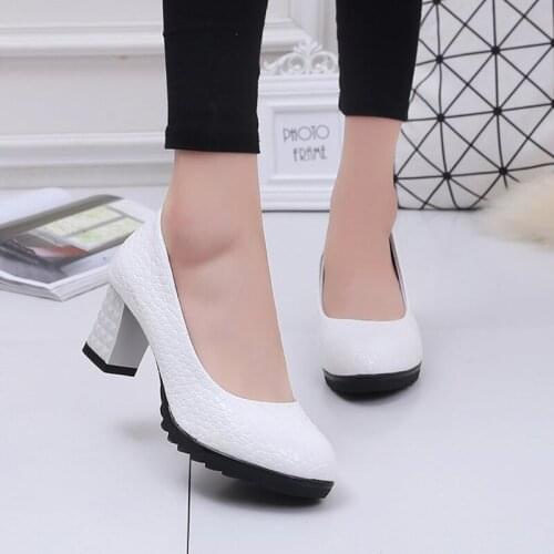 Elegant Thick High Heels Pumps Women Fashion Solid Color PU Leather Party Wedding Shoes Woman Shallow Mouth Pumps Female