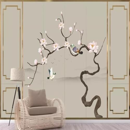 Chinese style hand-painted flowers and birds golden border line background professional production mural photo wallpaper