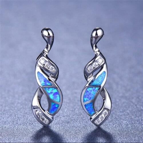 Geometric Small Stone Infinity Stud Earrings Cute Female Blue Fire Opal Earrings Vintage Silver Color Wedding Earrings For Women