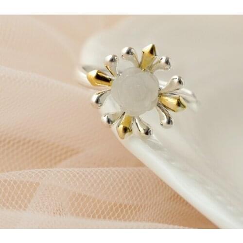 Authentic 925 Sterling Silver Rings Inlaid Natural White Jade Petal Fashion National Style Women Opening Adjustable Ring
