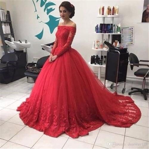New Arrival Off The Shoulder Full Sleeve Lace Appliques Red Wedding Dress Elegant Reals Ball Gowns Bridal Dresses