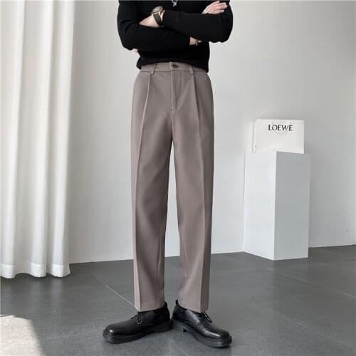 2021 Autumn Winter Mens Thick Trousers Woolen Solid Elastic Waist Casual Suit Pants Korean Style Straight Fashion Warm Bottoms