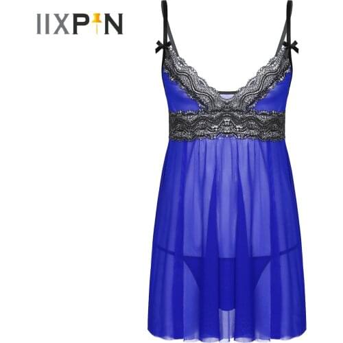 Sissy Crossdresser Lingerie Costumes for Mens Lace Mesh Deep V Neck Lace Trim Chemise Babydoll Dress with G-String Thong Briefs