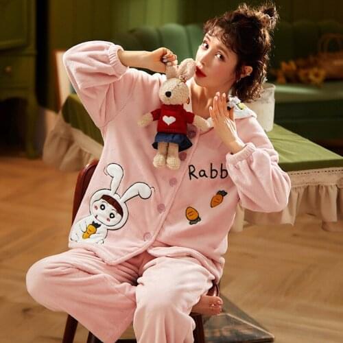 2020 Autumn Winter Warm Flannel Women Pyjamas Sets Thick Coral Velvet Long Sleeve Cartoon Sleepwear Thin Flannel Pajamas Set 2pc