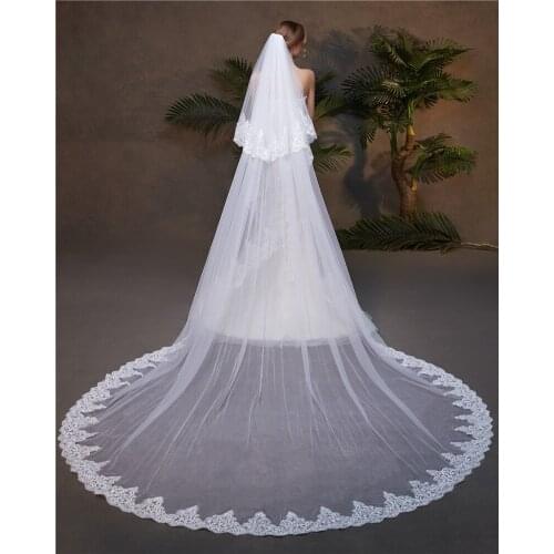 2021 Luxury Lace Edge 3.5m Long Wedding Bridal Veils With Blusher Veil Women Church Velos Catedral De Novia Voile Mariage