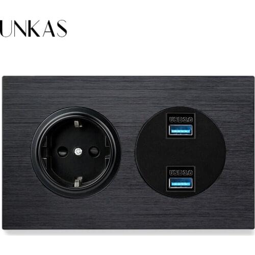 UNKAS EU Standard Wall Socket + Female Dual USB 3.0 Charging Port 146MM*86MM Crystal Glass And Black Aluminum Panel Outlet