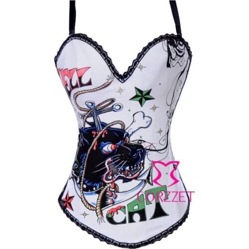 Removable Straps Animal Lion Printed Burlesque Corset White Cotton Corsets And Bustiers Women Gothic corpetes e espartilhos XXL