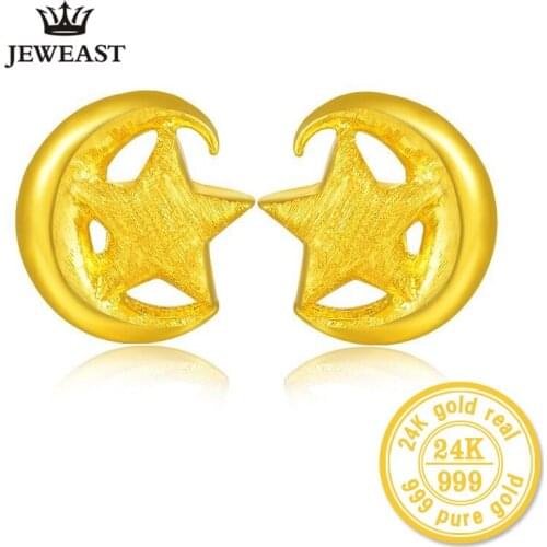 ZZZ 24k Pure Gold Earrings One Star and A Moon Refer Love Confirm The Commitment of Life Gentle and Noble 999 Soild Gold A Pair