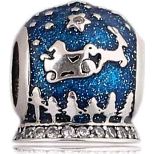 Original Blue Enamel Christmas Night With Crystal Beads Fit 925 Sterling Silver Bead Charm Bracelet Bangle Diy Jewelry