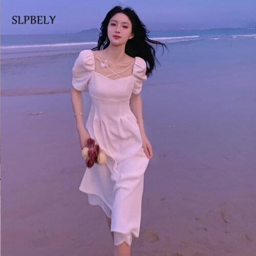 SLPBELY Summer White Dress Women French Butterfly Dress Casual Female Chic Fairy Long Dress Square Collar Dress Vestido 2021 New