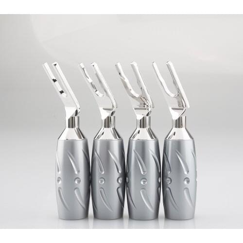 4PCS Viborg VS701R Pure Red Copper Spade Plug Rhodium Plated Spade Fork Plug Screw Locking Banana Connector
