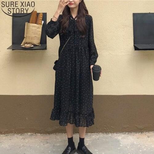 Vintage Loose Long Dress Polka Dots Print Chiffon Dress Women Lace-up Long Sleeve Female A-line Vestidos Femme 2021 Autumn 10860