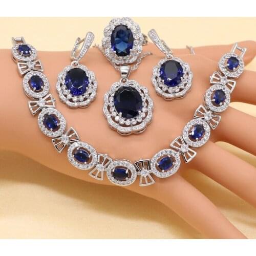 XUTAAYI Blue Crystal Sterling Silver Bridal Jewelry Sets For Women Necklace Pendant Bracelets Earrings Rings Gift Box