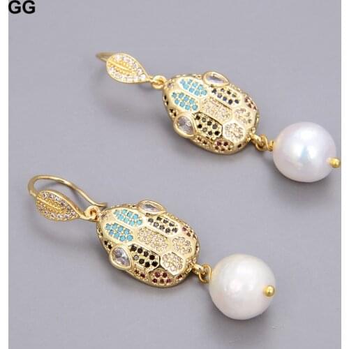 GuaiGuai Jewelry Natural Pearl 10x11mm White Pearl Yellow Gold Plated CZ Pave Snake Earrings