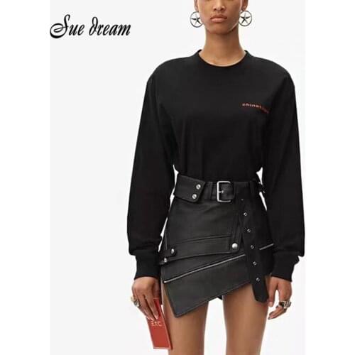 2020 Fashion New Womens Sexy Asymmetry Pu Leather Skirts Zipper Punk Rock Belt Mini Skirt Streetwear Black High Waist Skirts