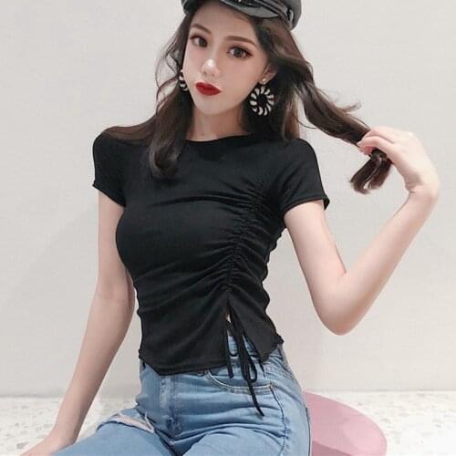 Female T-shirt Fashion Drawstring Slim Tee Shirt O-Neck Summer Short Sleeves Tops