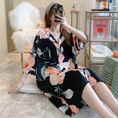 Womens Plus Size Sleep Shirt Nightgown Striped Sleepwear 3/4 Sleeves Nightshirt Summer Soft Pajama Dress Button Down Sleep Dress