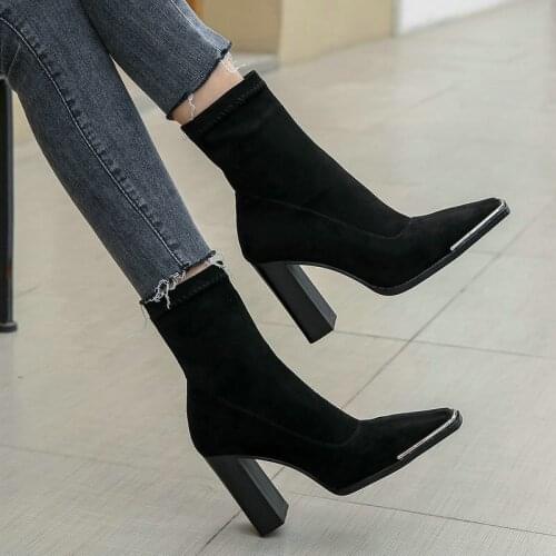 Square Toe Sock Boots for Woman Fashion Sexy Block High Heel Ankle Boots Women Black Beige Gray Stretch Boots 2020 Winter New