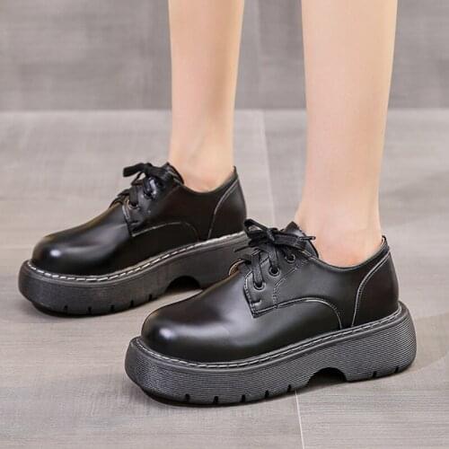 2021 Autumn Women Shoes Pu Leather Round Toe Retro Small Leather Shoes Woman Fashion Thick Heels Lace-up Casual Platform Shoes