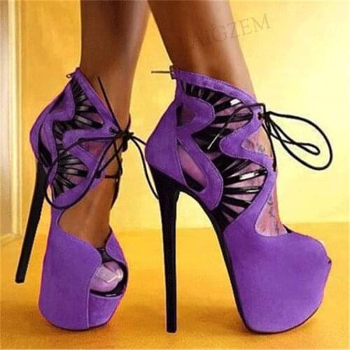 SEIIHEM Women Platform Pumps Back Zip Peep Toe Stiletto High Heels Sandals Patchwork Ladies Shoes Woman Plus Size 40 42 47 50 52