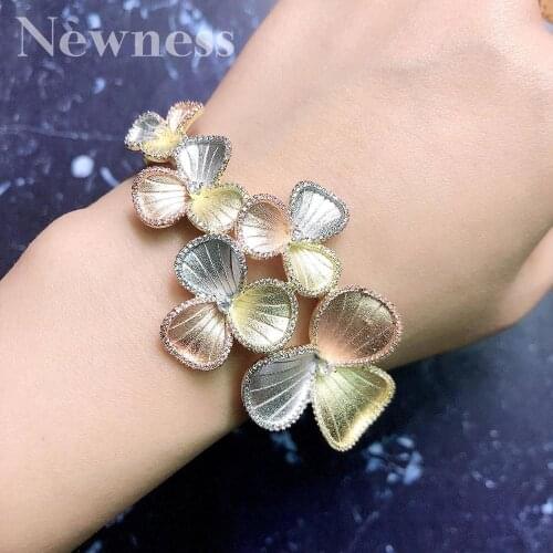 Newness Luxury Flowers Leaf Cubic Zirconia 3 Tones Bangle Ring Fashion Set Women Engagement Wedding Jewelry Sets