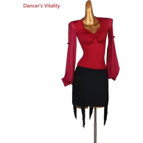 New Latin Dance Female Elegant Long Sleeve Top Practice Clothes Suit Ballroom Dancing Shirt Woman Sexy Exercise Tassel Skirt