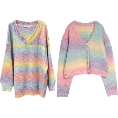 Women Long Sleeve Rainbow Knitted Sweater Sexy V-neck Loose Pullover Jumper Cardigan Female Spring Autumn Tops