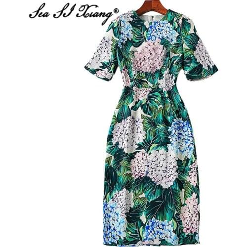 Seasixiang Fashion Designer Summer Pencil Dress Womens O-Neck Short Sleeve Beading Appliques Midi Dresses