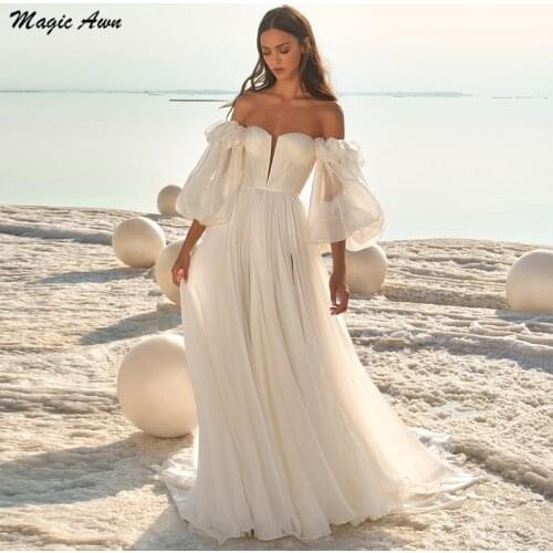 Magic Awn Beach Wedding Dresses 2021 With Detachable Puffy Sleeves Side Split Boho Pricness Bridal Gowns A-Line Vestidos Simple