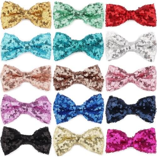 120pcs/lot 15colors 9cm Newborn Sequins Kids Bows Hair Clips Solid Flower Bowknot with Paillettes for Kids Girl Hair Accessories