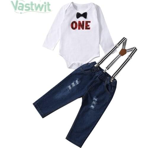 Baby Boy Clothes One Year Birthday Outfits Costume Baby Boys 1st Gentleman Tie Romper Straps Pants Toddler Kid Clothing 2pcs Set